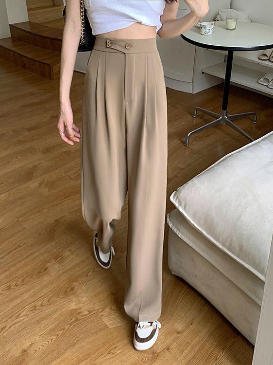 パンツ レディース 春夏 高見え ワイドパンツ ストレートパンツ ゆったり 美脚 スラックス 無地 ロング丈 オフィス カジュアル きれいめ シンプル 韓国風 白 黒 灰色 カーキ ズボン