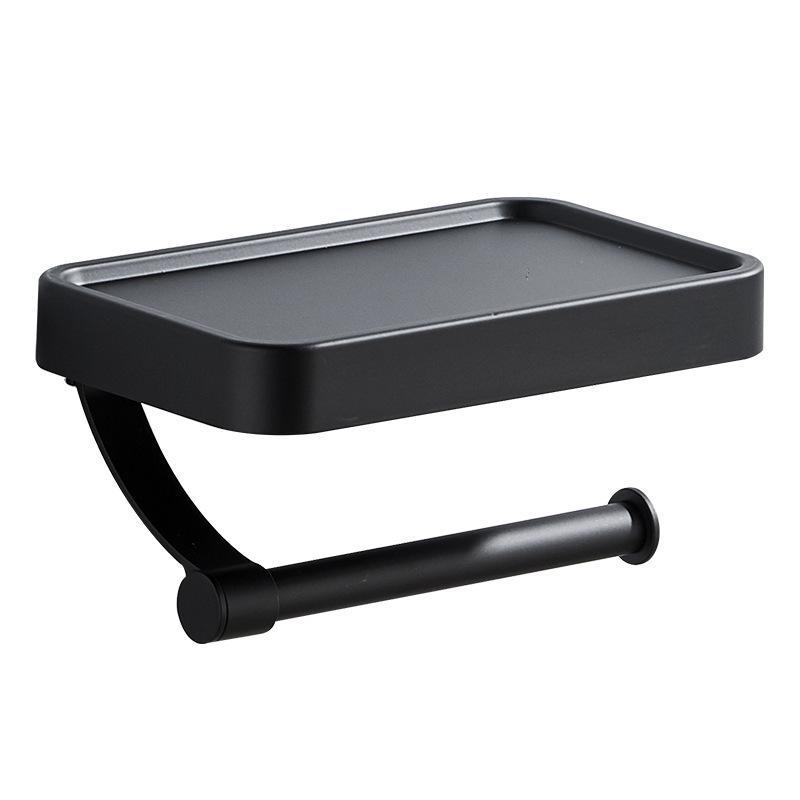 トイレットペーパーホルダー アルミ製 棚付き 壁掛け式 スマホ置き 衛生用品収納 浴室 洗面所 収納ラック 軽量 シンプル ブラック