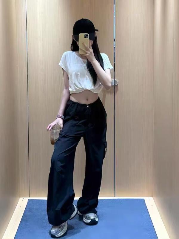 パンツ レディース 接触冷感 高腰 薄手 ゆったり ズボン カーゴパンツ 灰色 黒色 伸縮性 ポケット付き カジュアル スタイル