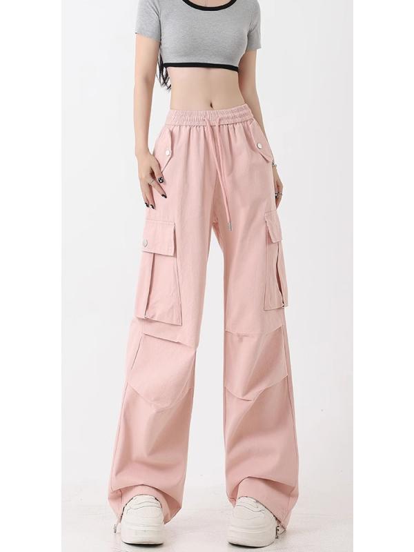 パンツ レディース 高腰 ワイド カーゴパンツ 裾絞り ストリート カジュアル ゆったり 婦人 女性 長ズボン 黒 ブラック グレー ブラウン ベージュ ネイビー カーキ ピンク ポリエステル