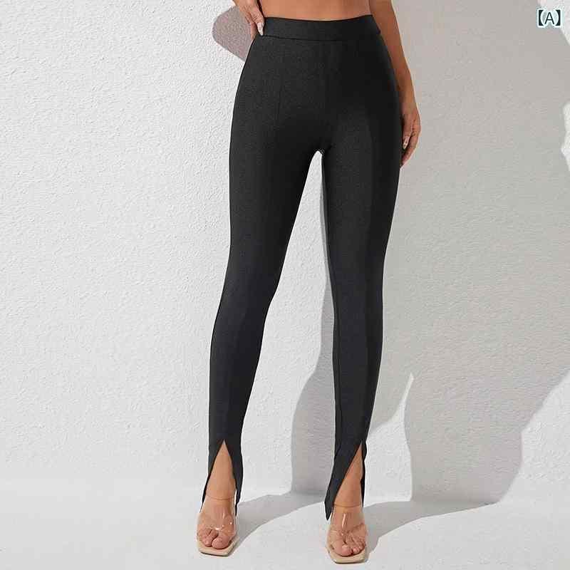 パンツ レディース スキニーパンツ ハイウエスト 美脚 ロングパンツ 裾スリット 無地 ブラック 伸縮性 普段使い
