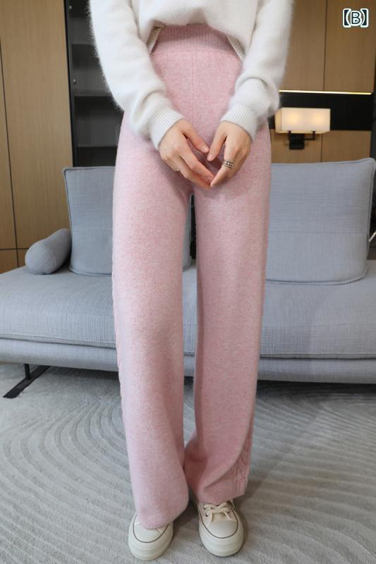 パンツ レディース オーストラリア産ウール ワイドレッグパンツ 秋冬 ハイウエスト 柔らか ニット ストレートパンツ ズボン ブラック ピンク系 ホワイト グレー ラク 部屋着