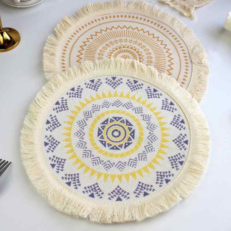 テーブルマット 北欧風 ボヘミアン ブレイド 布製 ランチョンマット フリンジ付き 断熱マット 鍋敷き 花瓶マット 幾何学模様 円形 装飾