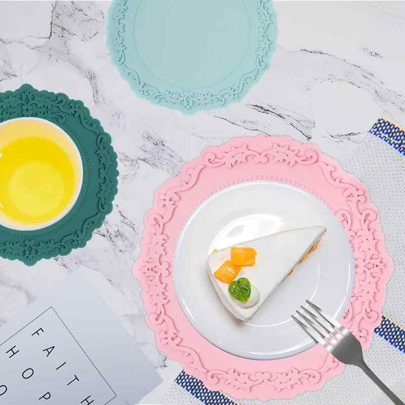 コースター 北欧風 レディース メンズ 兼用 滑り止め シリコン 断熱 花柄 ピンク系 深灰色 墨緑色 ライトブルー 円形 不規則形 ホームパーティー アウトドア