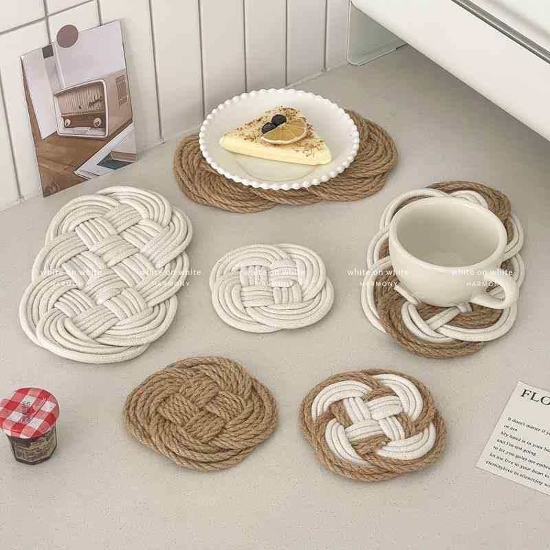 鍋敷き コースター 綿麻 混紡 断熱マット 無地 円形 楕円形 小さいサイズ キッチン雑貨 レストラン カフェ
