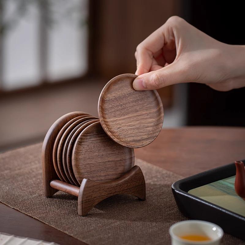 茶托 コースター 木製 北米産ブラックウォールナット材 茶道道具 茶器セット 家庭用 新中式 おしゃれ 実木 断熱
