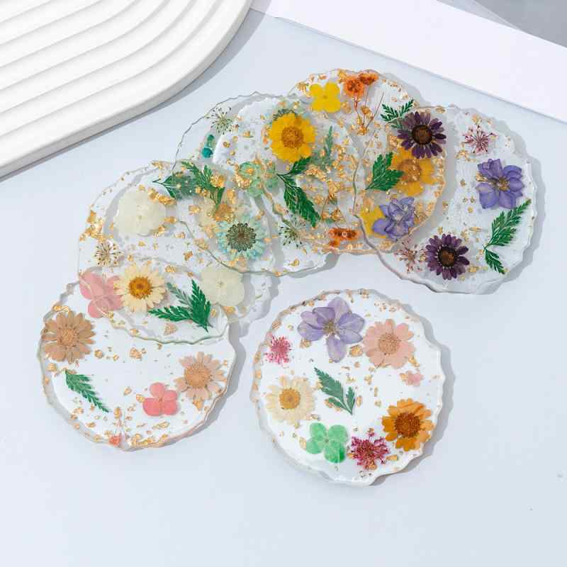 兒童午餐墊 - コースター かわいい 真花 ハンドメイド 円形 樹脂 グラスマット コーヒーカップ 茶托 紫色 白色 ピンク系 ブルー 混色 イエロー エポキシ樹脂