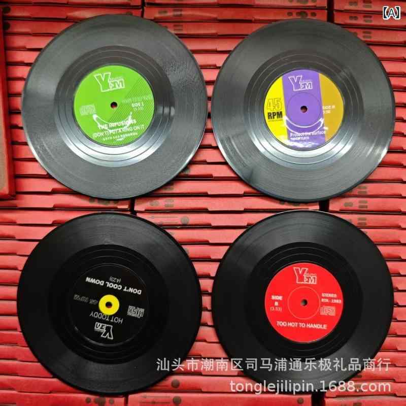 Other - コースター 4枚セット 円形 滑り止め シリコン レコードデザイン 断熱パッド ブラック