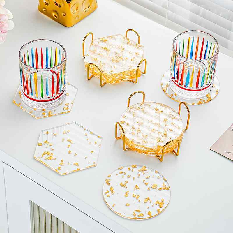 テーブルマット アクリル製コースター 金箔 花柄 円形 六角形 ホームデコレーション 防水 断熱 新中式 おしゃれ かわいい ティーマット カップマット