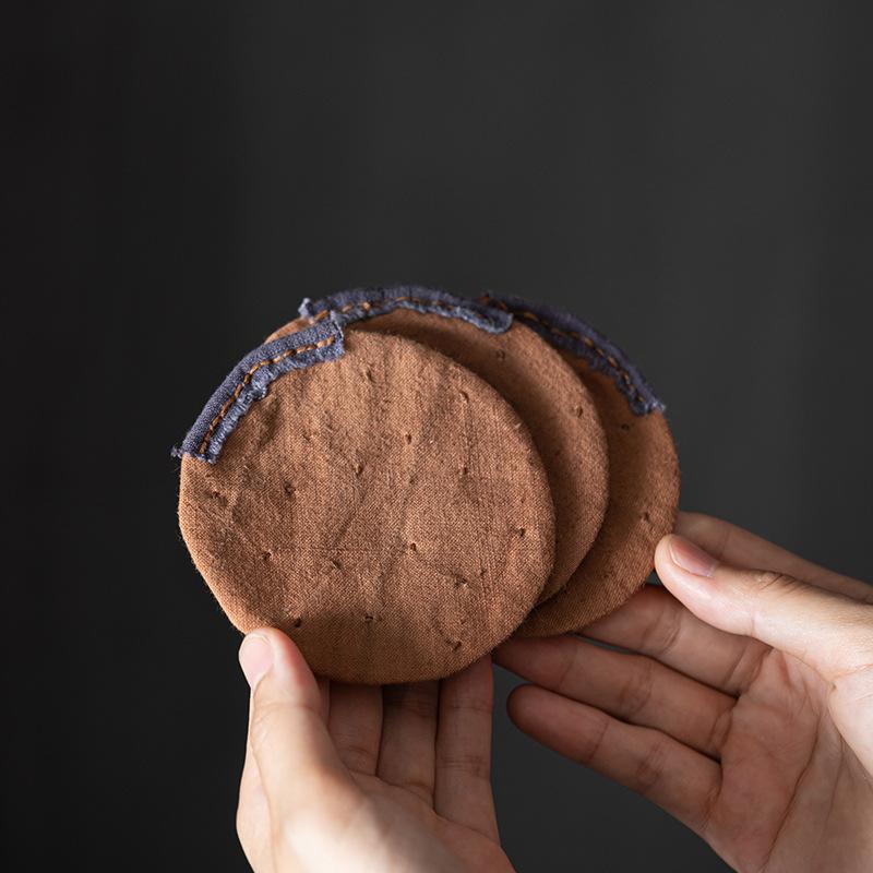 茶托 コースター 柿渋染め パッチワーク 手縫い 綿麻 茶道 レトロ 吸水 徳化 セラミック スクエア サークル