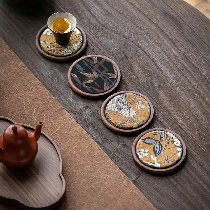 茶托 コースター 木製 織物 断熱 防熱 茶パッド 家庭用 レトロ 和風 胡桃木 玉蘭 墨竹