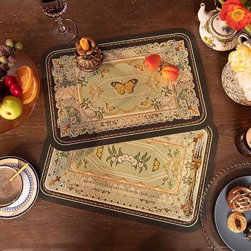 ランチョンマット テーブルマット アメリカン 森ガール バタフライ柄 蝶 花柄 レザー オレンジ 橙黄色 スクエア 40 30 45 cm