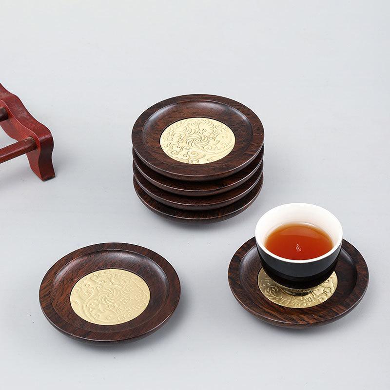 コースター 木製 真鍮製 茶托 セット 茶器 茶道具 黒檀 花梨木 6枚組 絶縁 断熱 滑り止め 和モダン 高級感