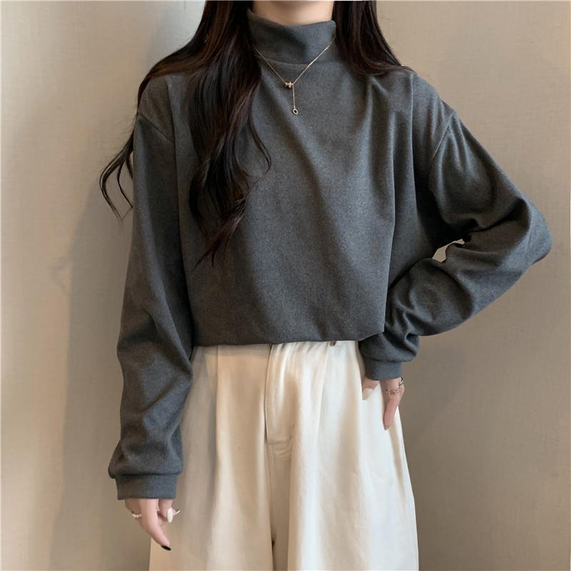 Tシャツ レディース 秋冬 裏起毛 あったか 長袖 トップス カットソー ゆったり ハイネック 通勤 オフィス カジュアル 無地 白 黒 灰色 ..