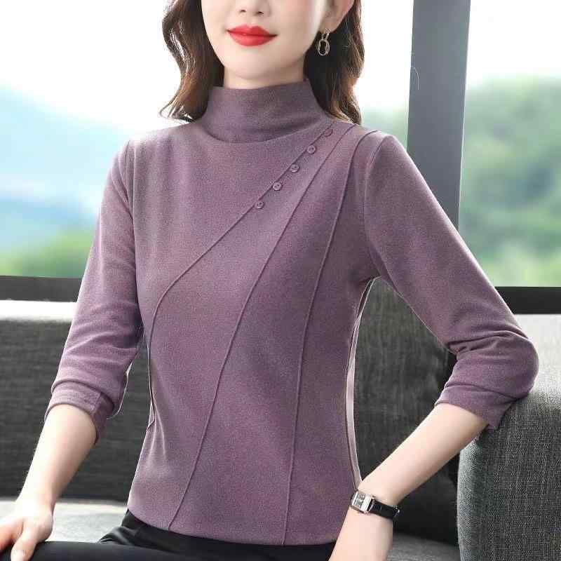 Tシャツ レディース 秋冬 長袖 トップス 半高襟 接触冷感 再生繊維 あったか スリムフィット インナー カットソー 墨緑色 コーヒー色 黒色 白色 杏色 紫色