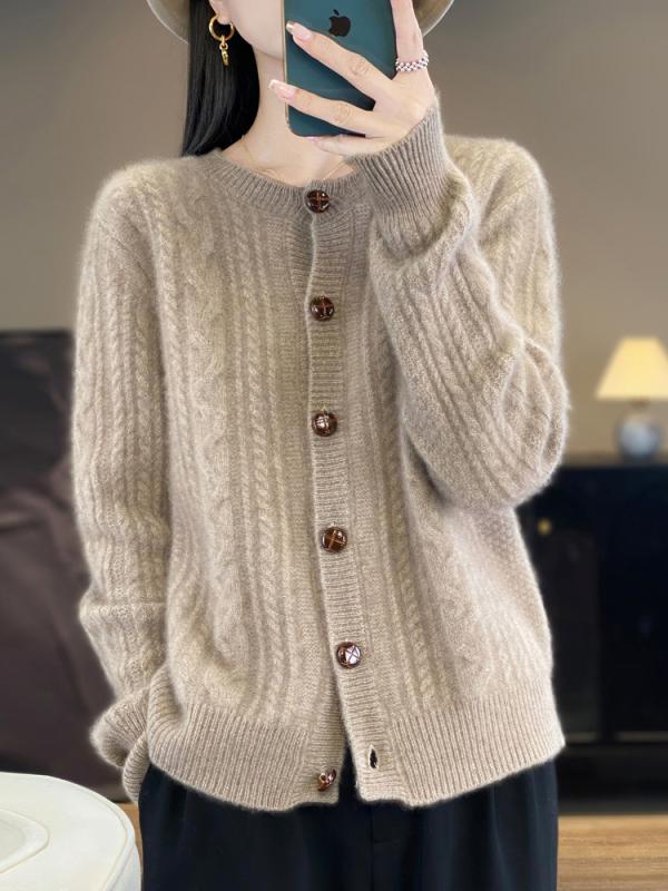 カーディガン レディース 秋冬 ウール100% ニット トップス 長袖 丸首 ゆったり 暖かい 黒 グレー ピン..