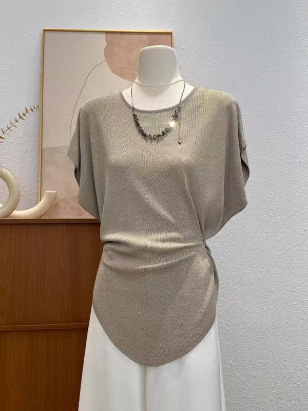 ニット レディース サマーニット カーディガン風 トップス ゆったり 薄手 五分袖 ドルマンスリーブ 冷感 ラウンドネック 無地 黒 ブラック ベージュ カジュアル 韓国ファッション