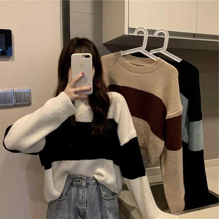 No Sleeve Knit - ニット レディース 春秋 配色 ボーダー柄 プルオーバー ゆったり かわいい 長袖 トップス 黒 カキ色 青 フリーサイズ