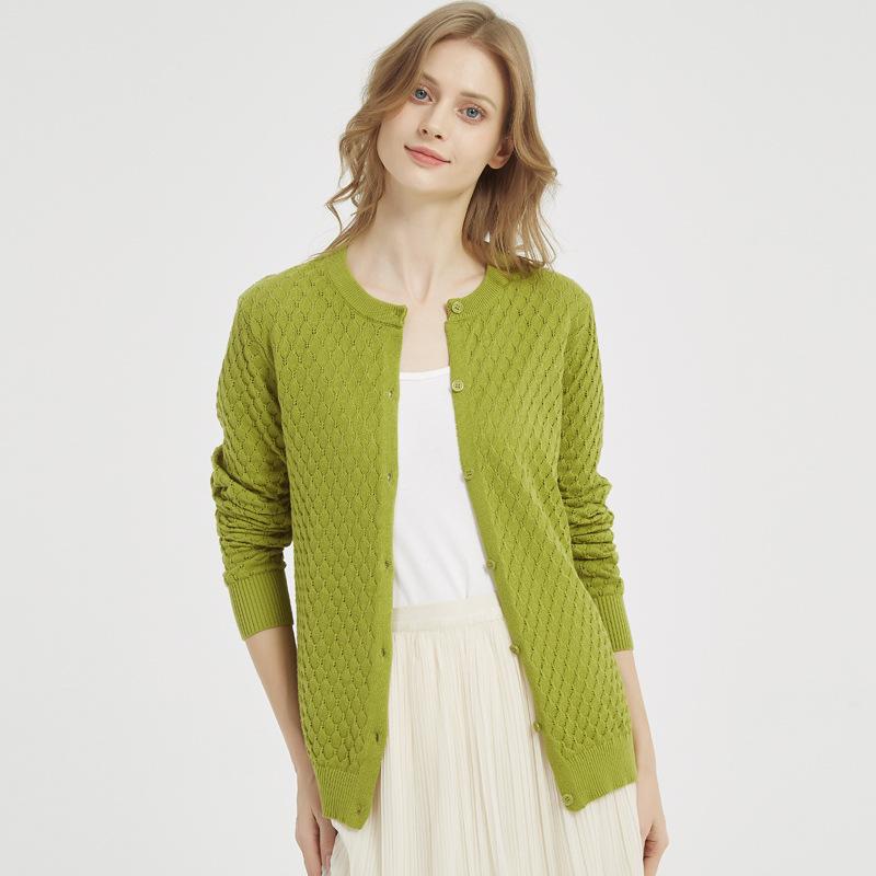 カーディガン レディース 春秋 薄手 コットン ニット トップス ラウンドネック 長袖 無地 ゆったり 接..