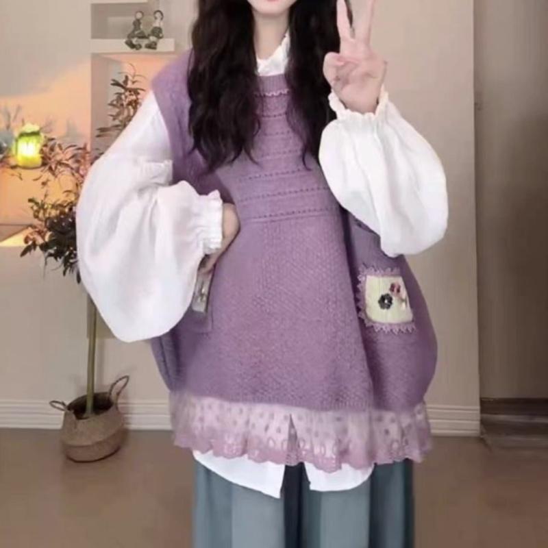 Long-Sleeved Knit - ニットベスト レディース 丸首 レース 春秋 森ガール かわいい ゆるかわ あったか 重ね着 ベージュ パープル ブラウン