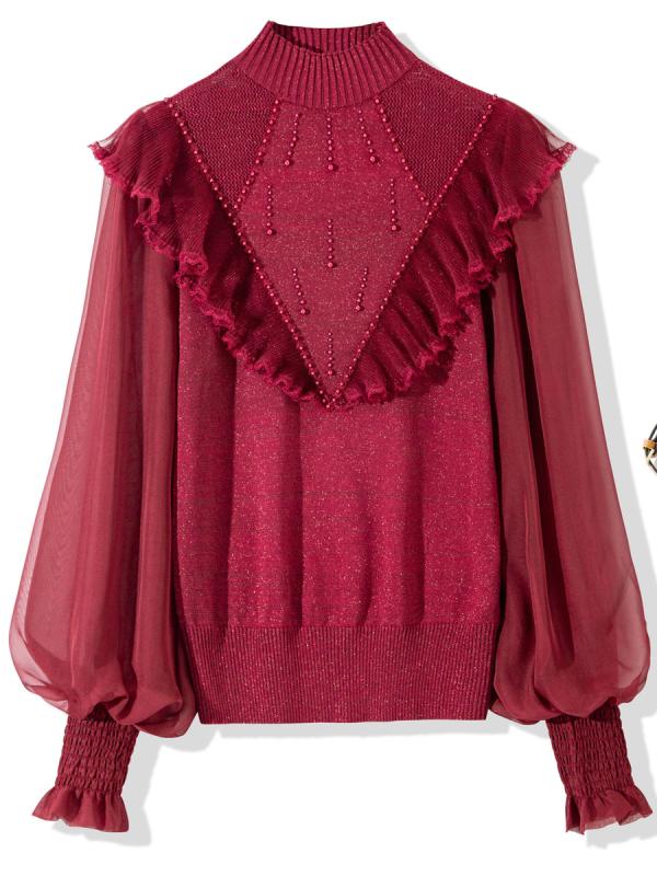 ニット レディース 長袖 薄手 ラウンドネック チュール 切り替え トップス プルオーバー ニットソー 酒 красный ブラック ホワイト