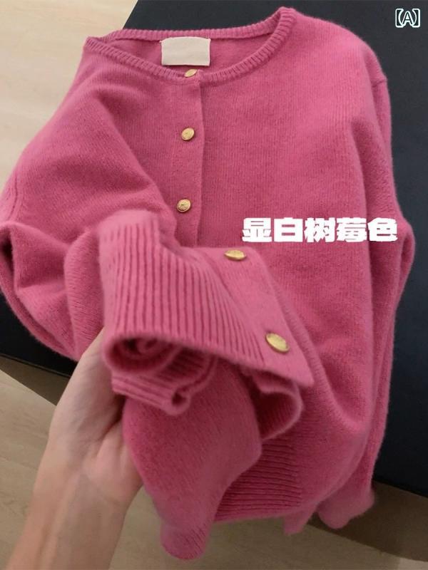 ニットカーディガン レディース 樹苺色 通勤スタイル ポリエステル 長袖 プルオーバー ラウンドネック トップス