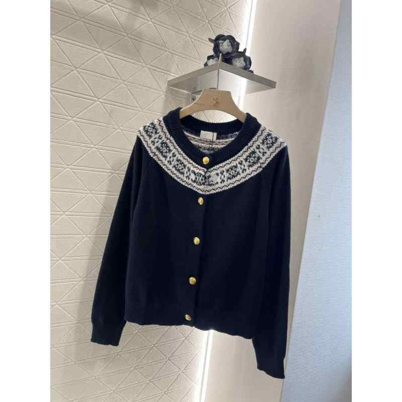 ニット カーディガン レディース 秋冬 長袖 ラウンドネック 提花 ジャカード 配色 通勤 オフィス カジュアル ウール 混紡 3D 刺繡 ネイビー 紺(4.0)