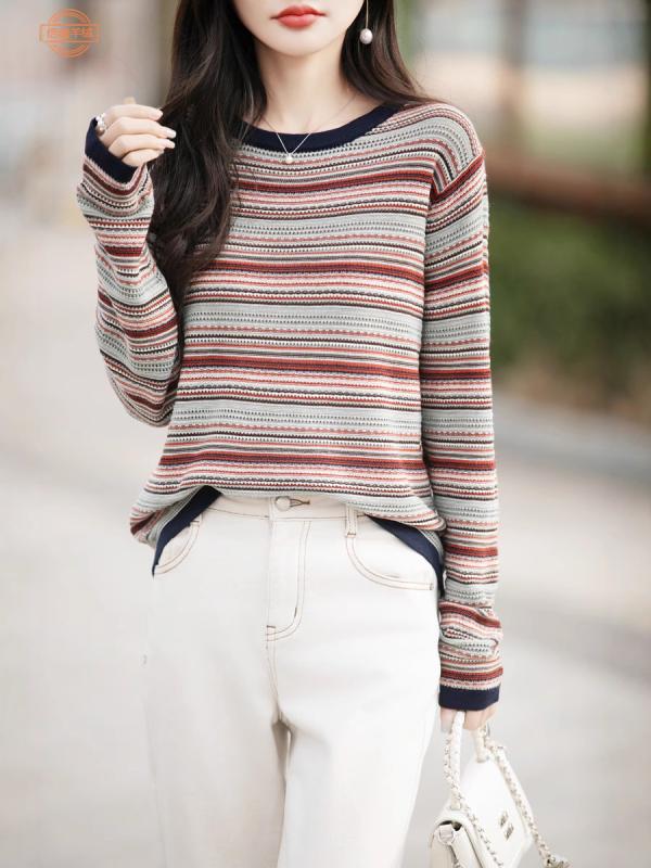 Long-Sleeved Knit - ニット レディース ボーダー柄 ラウンドネック 長袖 トップス 薄手 コットン100% 春夏 普段使い 部屋着 オレンジ系 ブルー系