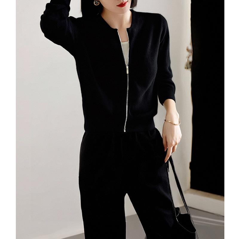 ニット カーディガン レディース ラウンドネック 長袖 ブラック 黒 小香風 カジュアル 普段使い 気質アップ 細見え 通勤 通学 ウール トップス