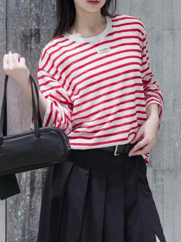 Three-Quarter Knit - ニット レディース 春夏 長袖 ストライプ 配色 トップス カットソー プルオーバー 薄手 ラウンドネック カジュアル 韓国風 かわいい 白 ピンク系