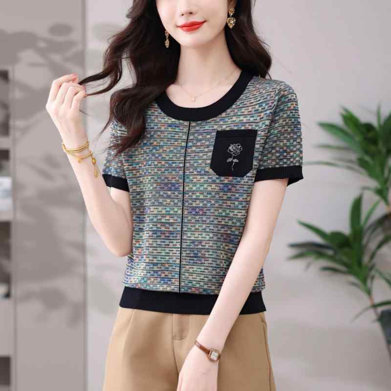 ニット レディース 半袖 薄手 ラウンドネック カットソー トップス エレガント 上品 きれいめ 紫 ピンク系 ブルー ブラック 春夏 接触冷感