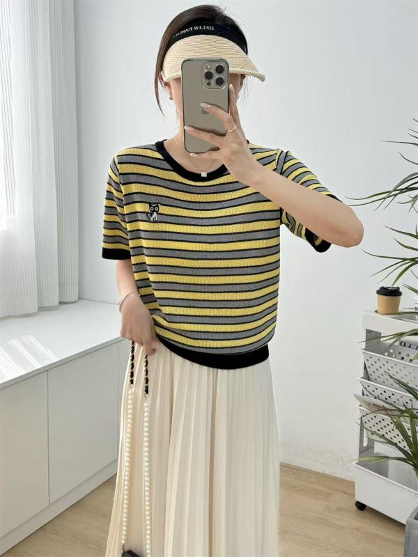 ニット レディース 猫柄 刺繍 半袖 薄手 ボーダー トップス ラウンドネック 接触冷感 粘着 レーヨン 通勤 ゆったり 春夏 イエロー ブルー系(4)