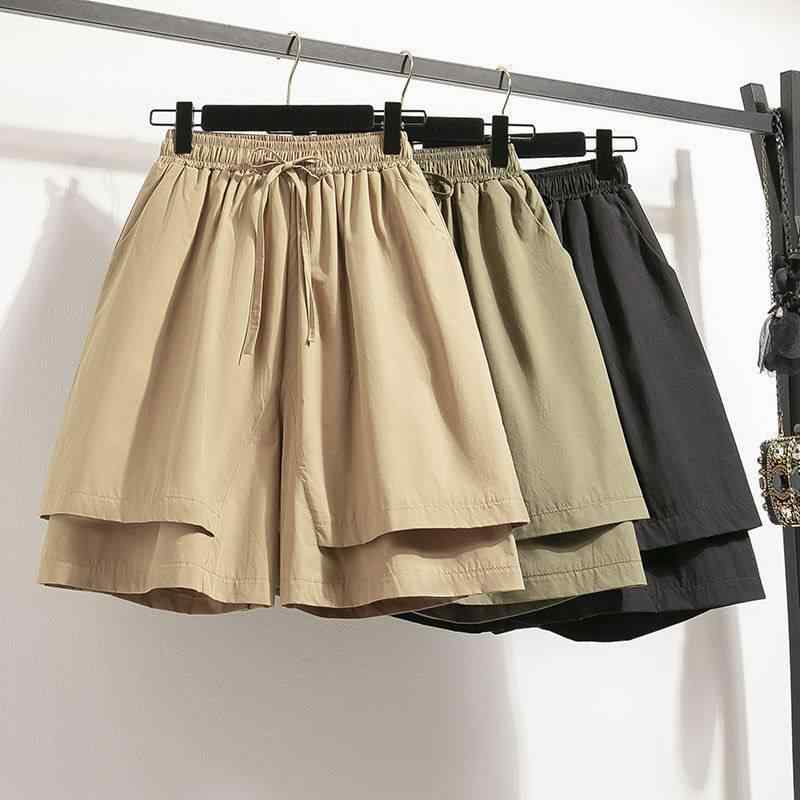 ショートパンツ レディース コットン 混紡 5分丈 ワイドレッグ パンツ ゴムウエスト ドローストリング 無地 軍緑色 カジュアル スタイル