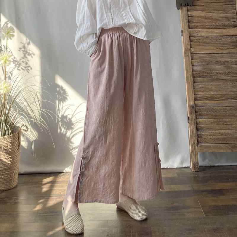 パンツ レディース 春夏 綿麻 ワイド ヨガパンツ ゴムウエスト ゆったり ロングパンツ スリット入り カジュアル かわいい リラックス 普段使い ホワイト ピンク ブルー