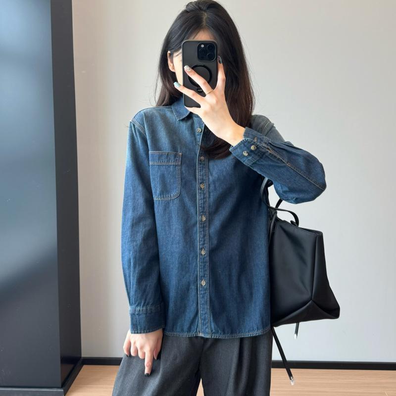 シャツ レディース 綿 デニム 水洗い 柔らか 長袖 翻領 港風 ドロップショルダー 深青色 ライトブルー