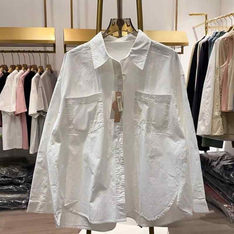 シャツ レディース 春夏 コットン ルーズ 長袖 ブラウス トップス レイヤードスタイル ホワイト ブルー..