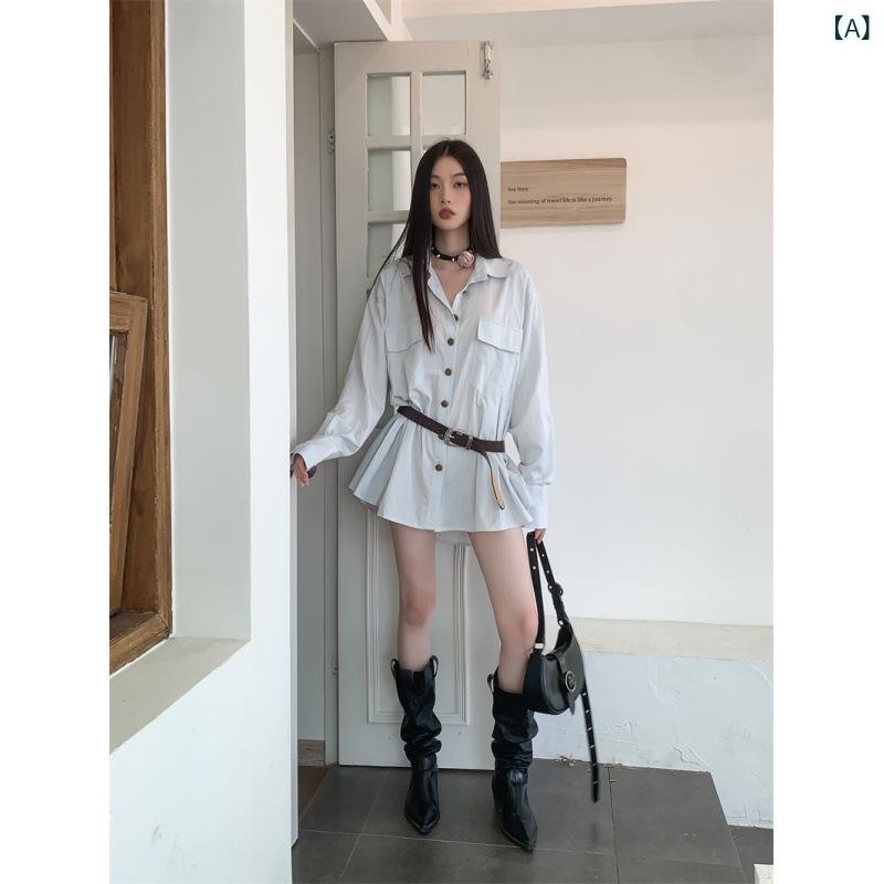 シャツ レディース 長袖 2way チュニック ワンピース 配色 春秋 ポロ襟 ゆったり ...