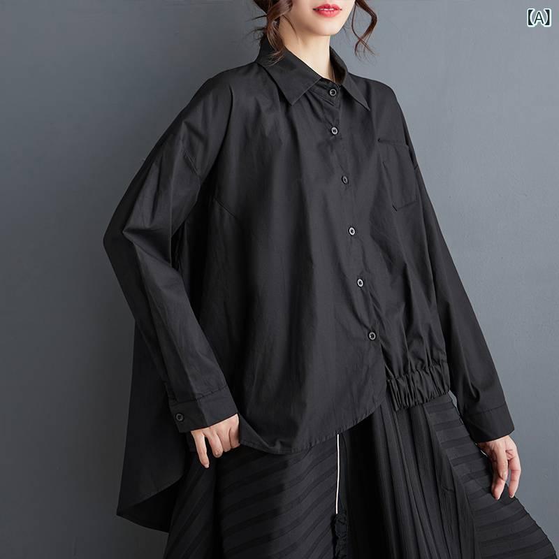 シャツ レディース ゆったり 不規則 ドロップショルダー POLO襟 長袖 トップス 無地 アシンメトリー 切り替え ポケット 70%綿 体型カバー カジュアル 通勤 ブラック カーキ色(x3) 2