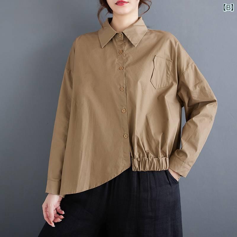 シャツ レディース ゆったり 不規則 ドロップショルダー POLO襟 長袖 トップス 無地 アシンメトリー 切り替え ポケット 70%綿 体型カバー カジュアル 通勤 ブラック カーキ色(x3) 3