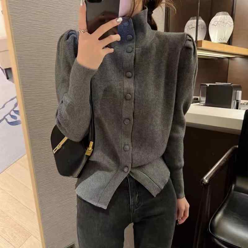 ニット カーディガン レディース 長袖 秋冬 トップス プルオーバー 泡 パフスリーブ ゆったり かわいい きれいめ おしゃれ 通勤 オフィス カジュアル 黒 ブラック グレー