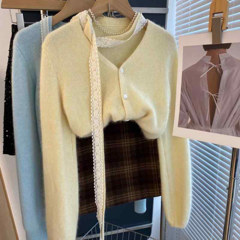 カーディガン レディース 春秋 ニット Vネック レース 紐 薄手 ゆったり かわいい 黄色 杏色 青色 グレー コットン カジュアル きれいめ 私服名媛