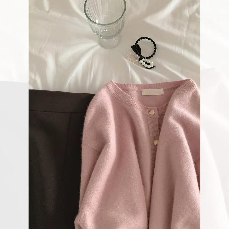 ニット・セーター レディース カーディガン ピンク系 ふわふわ 暖かい ラクーン ラウンドネック 長袖 ..