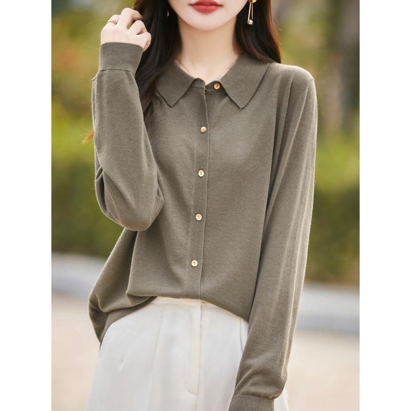 ニット・セーター レディース カーディガン 薄手 POLO襟 ウール混紡 ゆったり 長袖 トップス アウター ..