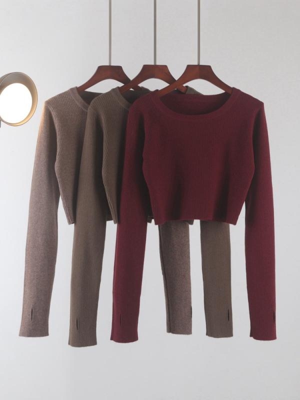 ニット レディース 春秋 ショート丈 トップス 長袖 カットソー プルオーバー ラウンドネック オフィス カジュアル きれいめ 黒 ブラック グレー