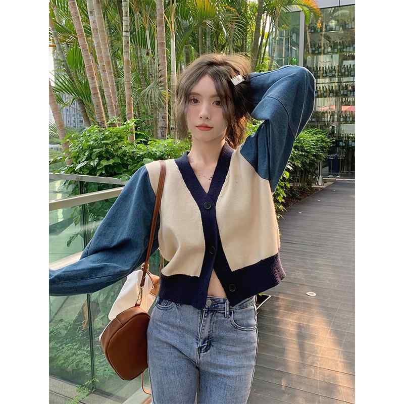 ニット カーディガン レディース 長袖 デニム 切り替え Vネック ショート丈 ゆったり 杏色 グレー ポリエステル 3D