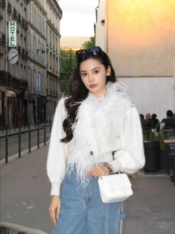 ニットカーディガン レディース Vネック ニット トップス 秋冬 白 羽根 切り替え パフスリーブ 清楚 上..