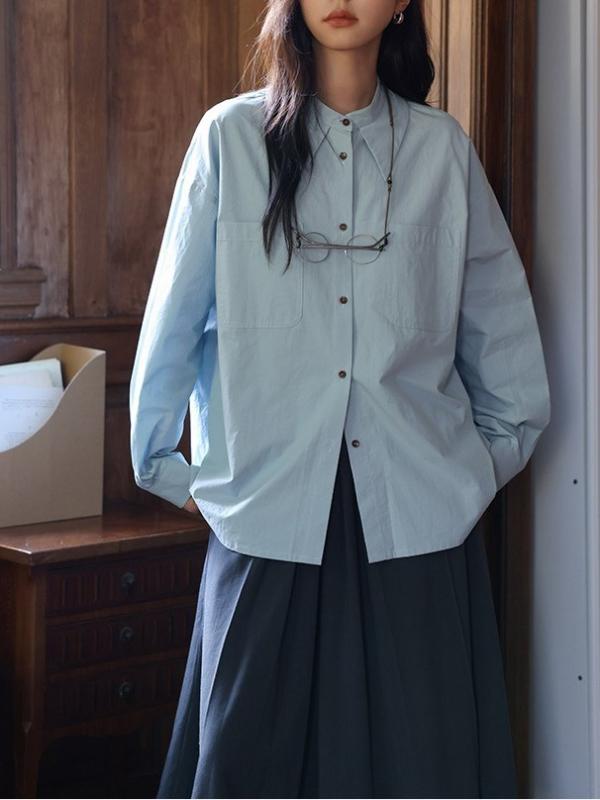シャツ レディース スカイブルー 長袖 H型 酵素 シンプル 洗い加工 襟付き トップス 綿 ポリエステル ..
