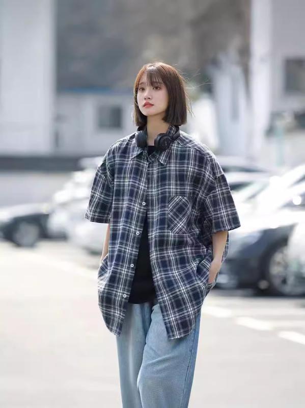 シャツ レディース 格子柄 半袖 ゆったり 体型カバー オフィス カジュアル ポリエ...