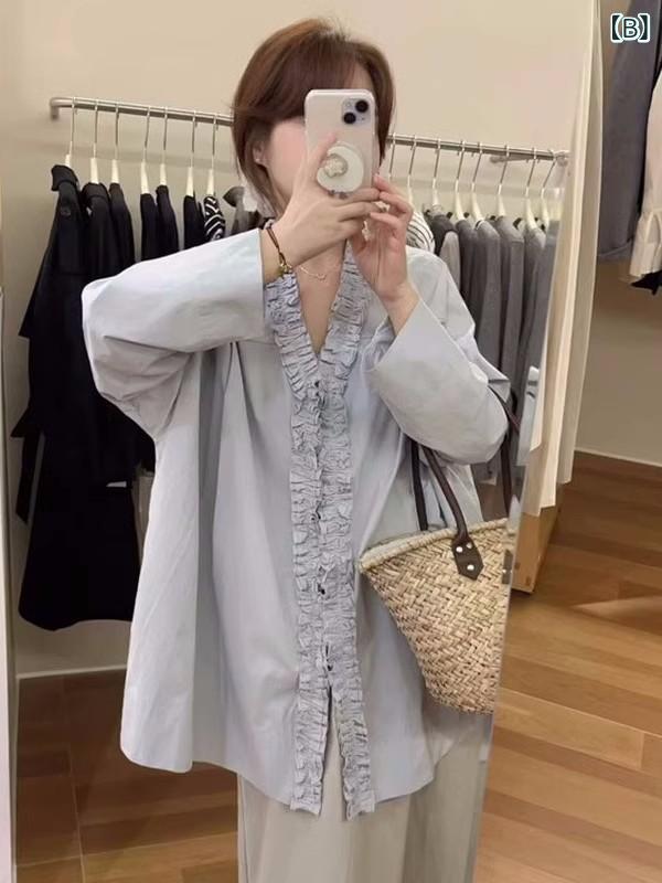 シャツ レディース 韓国風 コットン Vネック 長袖 ゆったり ギャザー 切り替え 白 ...