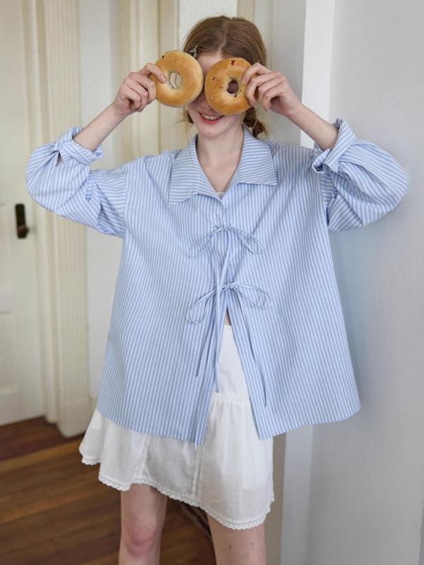 シャツ レディース 亜麻 綿 通気性 蝶結び リボン ストライプ柄 ドロップショルダー ゆったり リラックス 長袖 POLO襟 春夏 ブルー系 ホワイト S M L XL